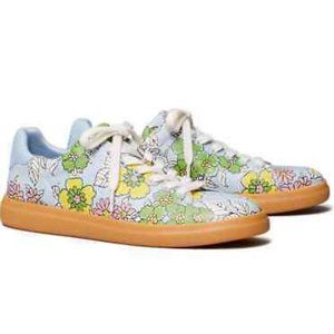 NEW Tory Burch Leather Sneaker Blue Wallpaper Floral Size 7